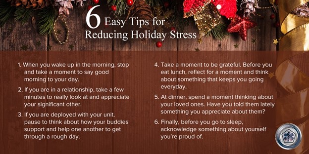 Christmas Graphic 
Title: 6 Easy Tips for Reducing Holiday Stress
1: When you wake up in the morning, stope and take a moment to say good morning to your day.
2. If you are in a relationship, take a few minutes to really look at and appreciate your significant other.
3. If you are deployed with your unit, pause to think about how your buddies support and help one another to get through the day.
4. Take a moment to be grateful. Before you eat lunch, reflect for a moment and think about something that keeps you going everyday.
5. At dinner, spend a moment thinking about your loved ones. Have you told them lately something you appreciate about them?
6. Finally, before you go to sleep, acknowledge something about yourself you're proud of.