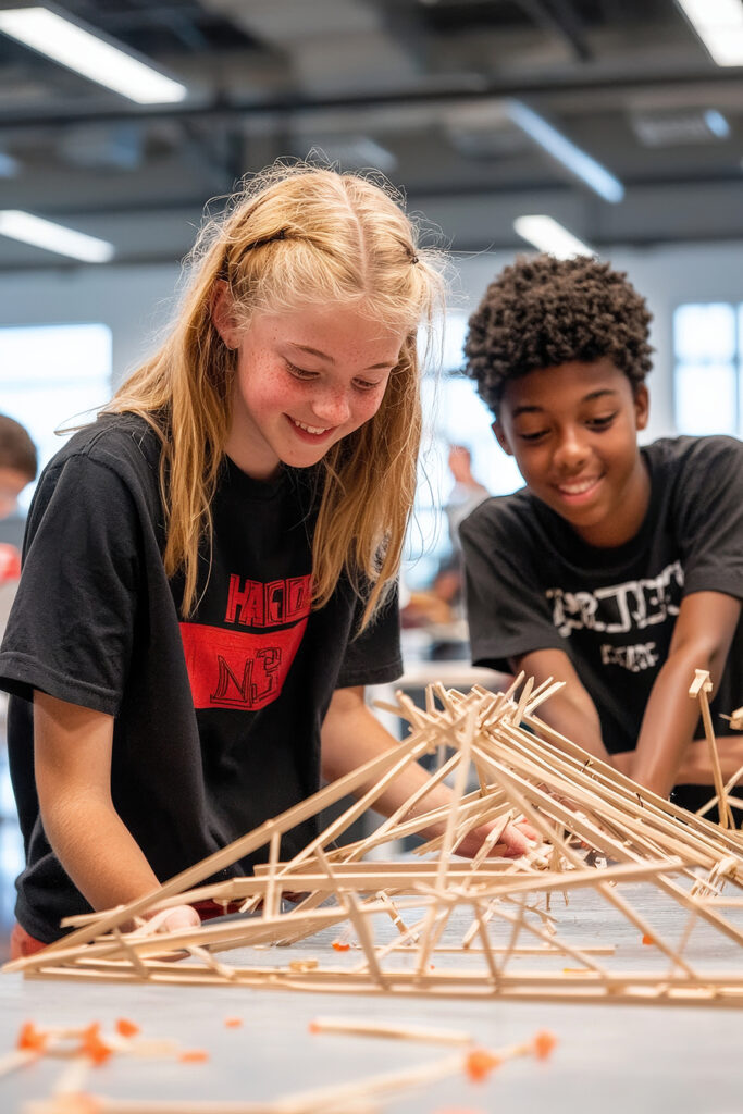 High school students constructing bridges using popsicle sticks and glue during a physics challenge
