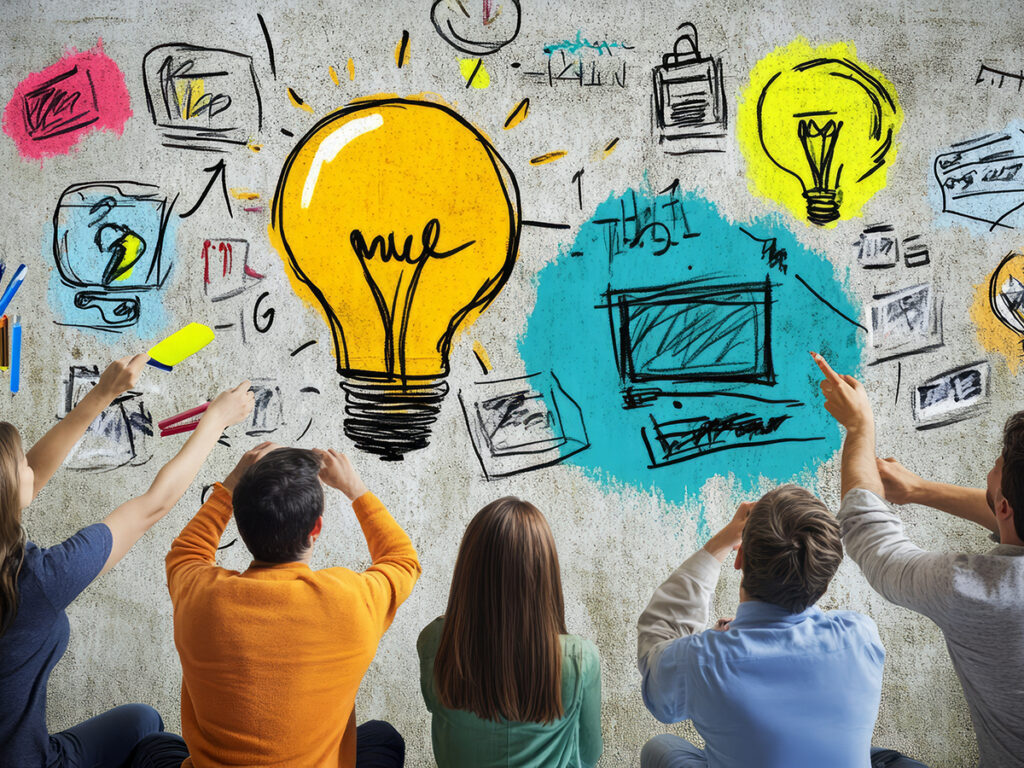 Individuals using mind mapping techniques to approach a business challenge creatively