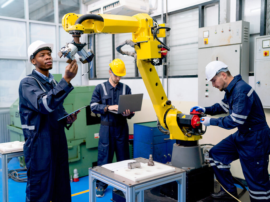 African American technician work with his team to check and maintenance robotic arm in factory workplace.