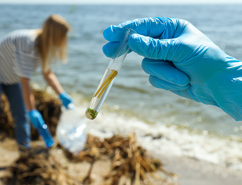 A test tube with river water in hands in blue gloves