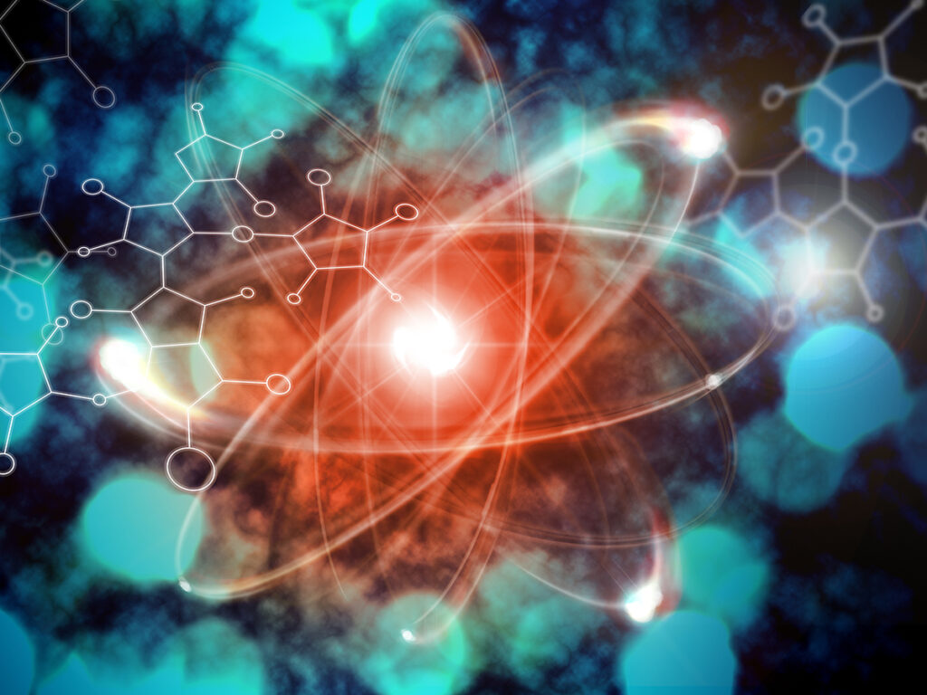 Close up illustration of atomic particle for nuclear energy imagery